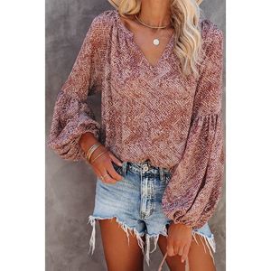 Azura Exchange  Red Pleated Lantern Sleeve Abstract Print Blouse